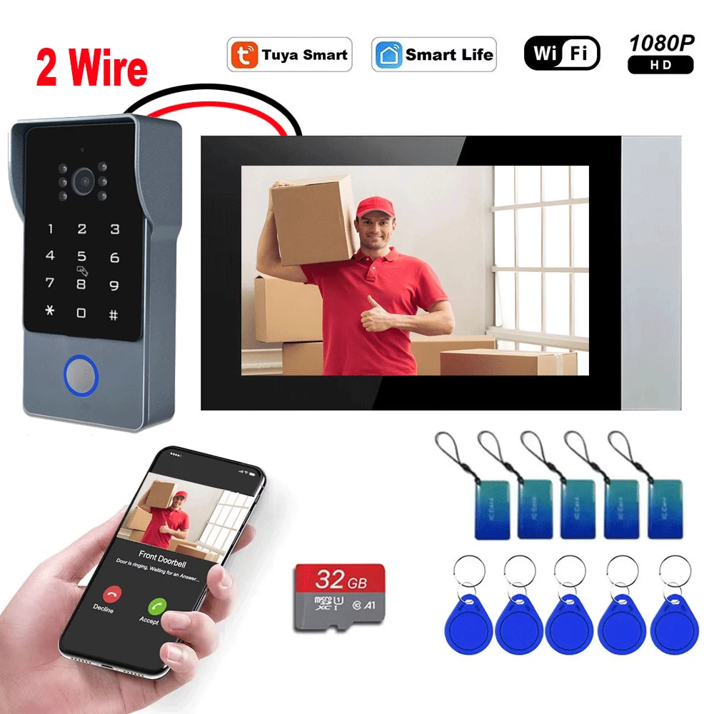 2-Wires Video Intercom System,7 Inch 1080P WiFi Touch Screen,32G Card,Code Password Tuya App IC Card Unlock for Home Apartment