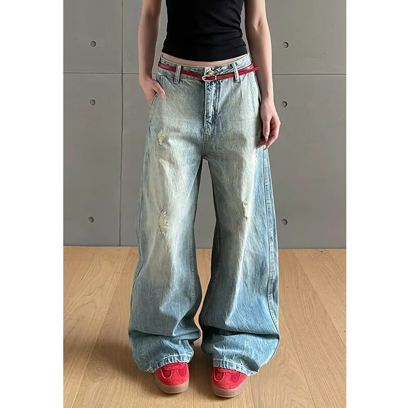 Retro American Waed Distred Knife Jeans Women Vintage High Waist Straight Leg Casual Summer Jeans ﻿
