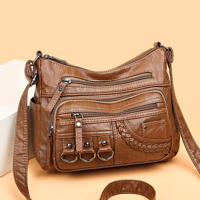 Vintage PU Crossbody Bag, Retro Multi Layer Shoulder Bag, Women's Fashion Handbag & Purse, Female Work Travel Messenger Bag