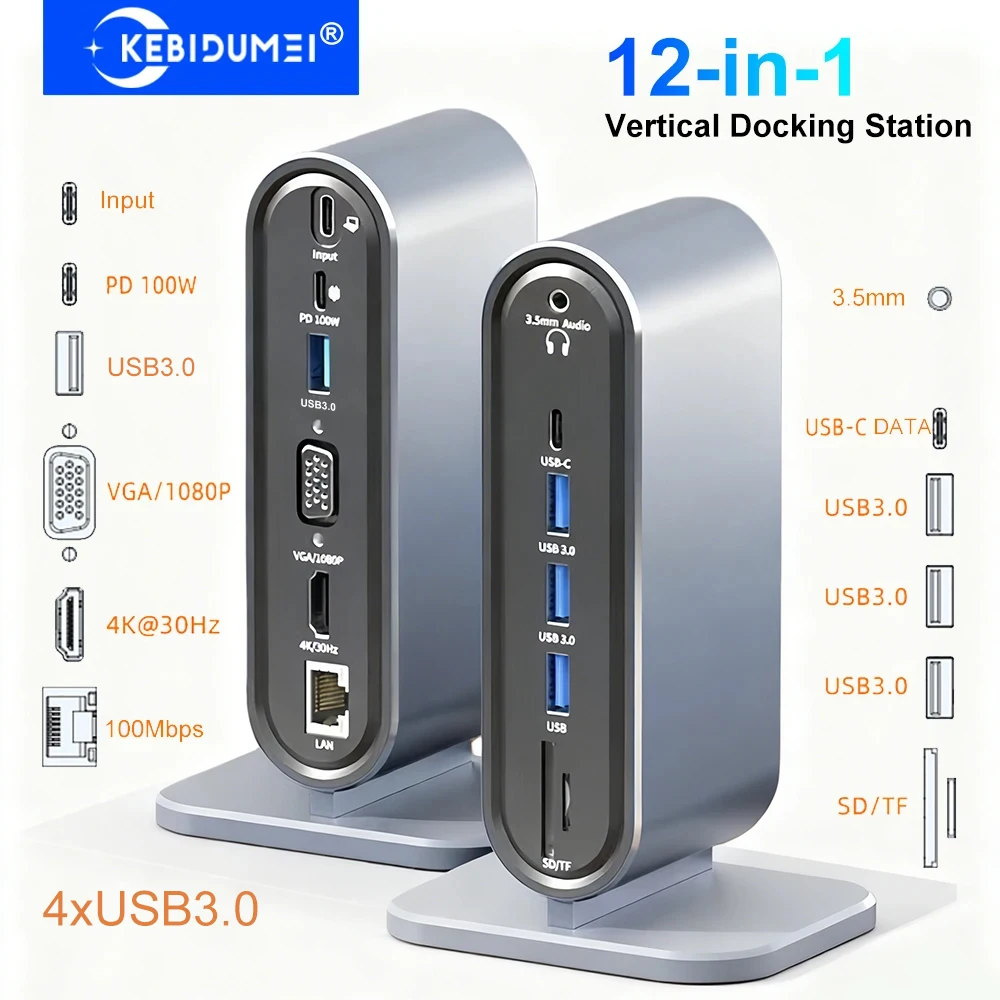12-in-1 Vertical Docking Station USB C HUB TYPE C Splitter HDMI 4K30Hz/LAN 100M/USB3.0 5Gbps/VGA 1080P/PD100W for Laptop MacBook