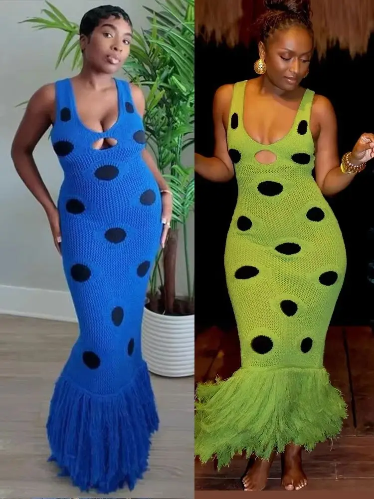 Weird Puss Knit Women Dress Beach Vacation Skinny Stretch Sleeveless Hollow Dot Tassel Hem Elegant Sexy Midnight Maxi Bodycon