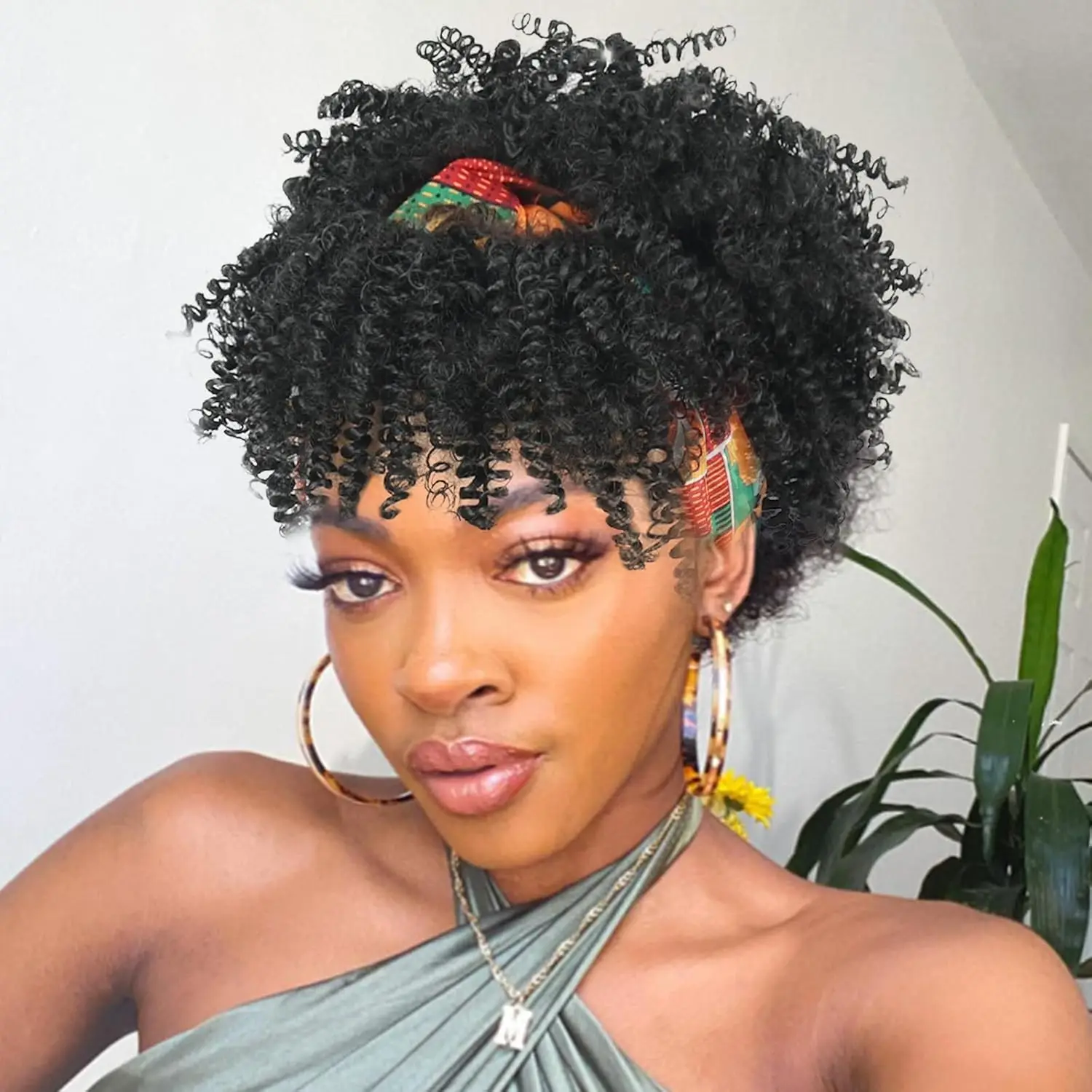 Women Afro Kinky Curly Wig With Synthetic Short Hair Wigs With Headband Attached Headwrap Wigs Kinky Curly Headband Wig