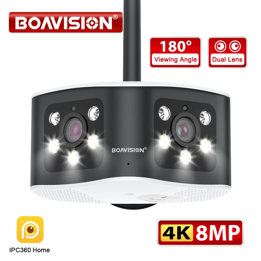 BOAVISION Outdoor 4K 8MP 180° Ultra Wide View Angle Panoramic WIFI Dual Lens Fixed IP Camera AI Human Detection Security Cam
