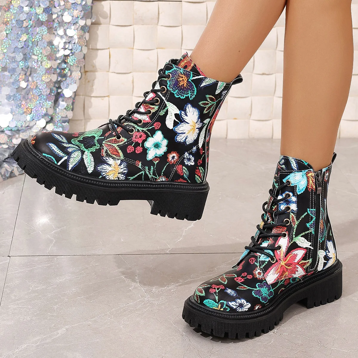 Comemore Spring Autumn Ankle Boots for Women Casual Roman Round Toe Printed Women's Shoes Thick Heeled Graffiti Short Botines