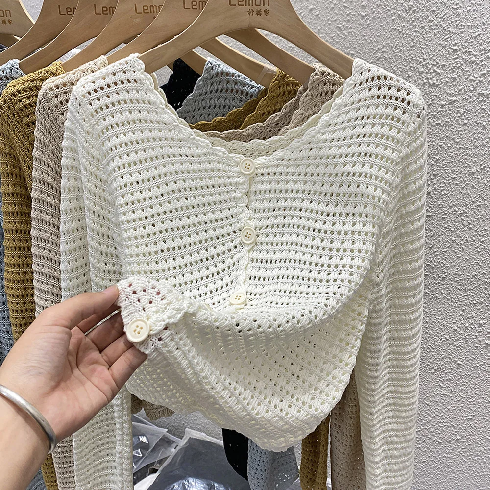 Pointelle Knit Cardigan for Women Long Sleeve Single Breasted Sweater Jacket Crop Openwork Cardi Top Female Basic Daily Outfit