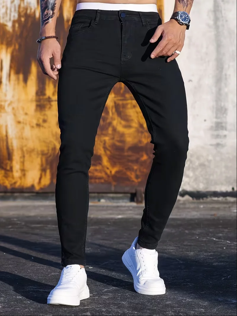 Men's Slim Fit Stretch Black Jeans - Casual Streetwear Tapered Trousers with Elastic Waist & Skinny Legs for Daily Wear