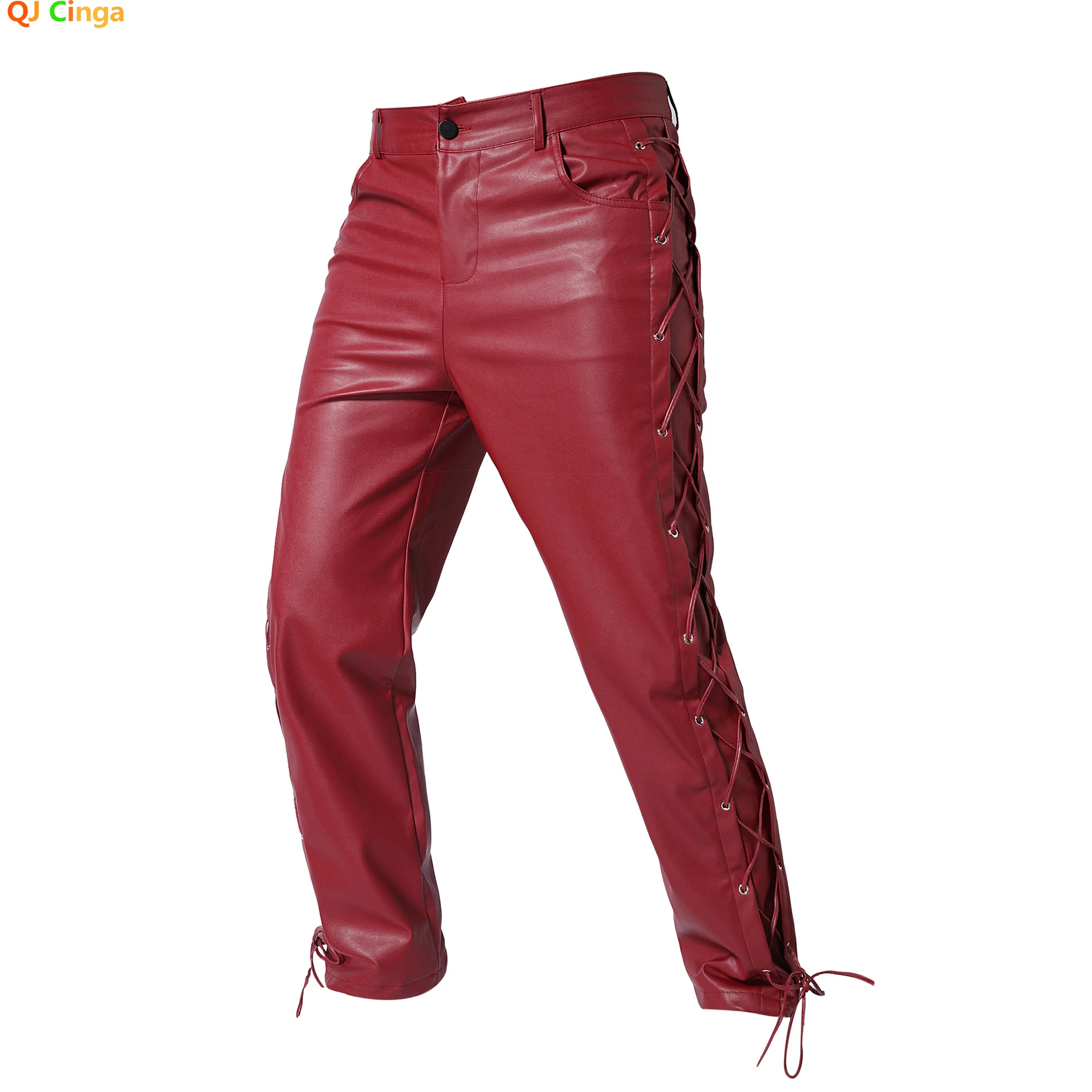 2026 New Black PU Pants Men's Biker Faux Leather Trousers Red Fashion Casual Pant,Size S-4XL 5XL