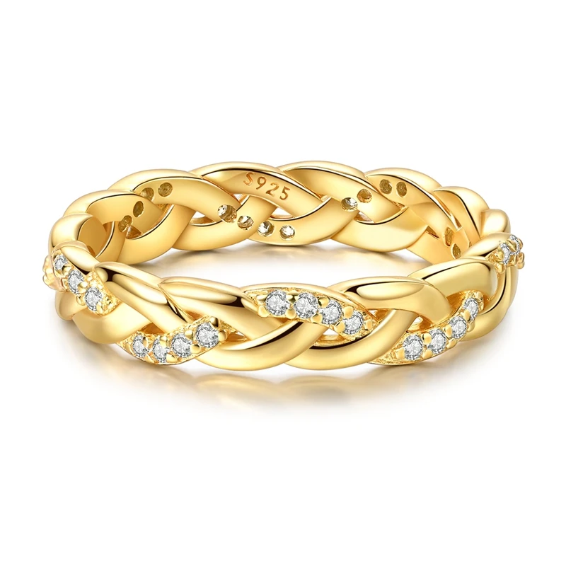 Original 925 Sterling Silver Sparkling Gold Glitter Braided Ring For Women Girls Jewelry Birthday Anniversary Gifts