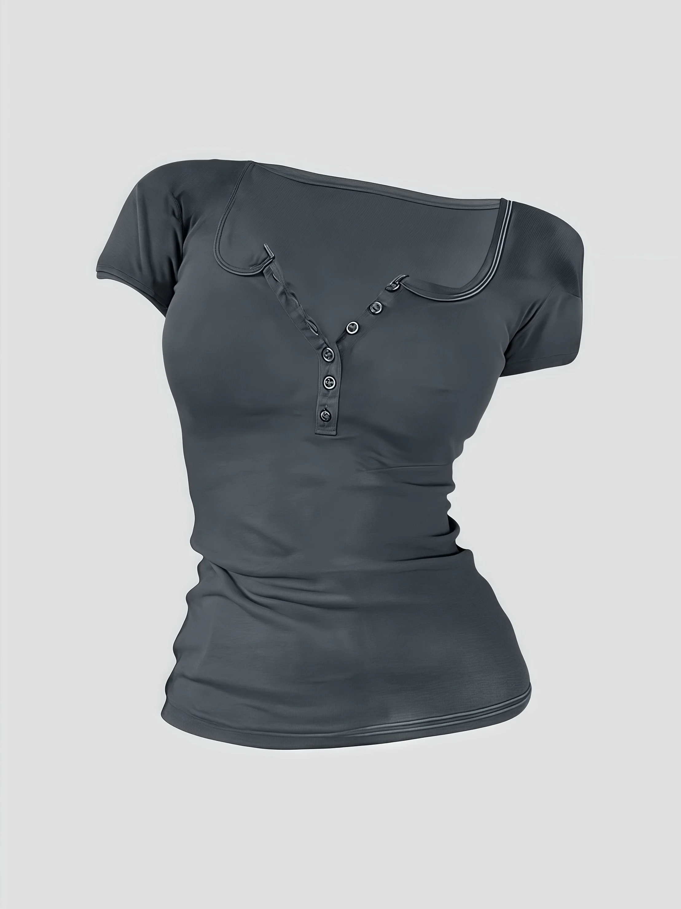 Women's plus size, solid color basic T-shirt, stretch, V-neck, half-open casual top