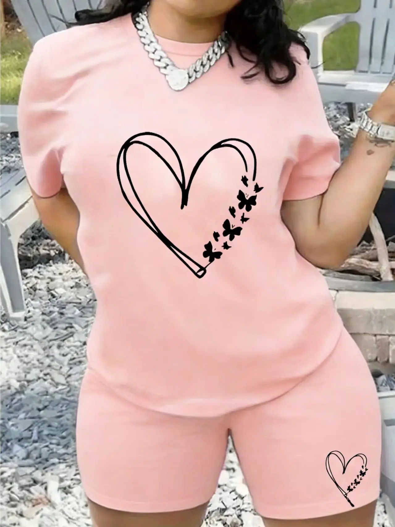 Women's 2-Piece Pajama Set Summer Short Sleeve T-Shirt & Shorts Heart Butterfly Print Soft Cotton Loungewear Sleepwear S-XL