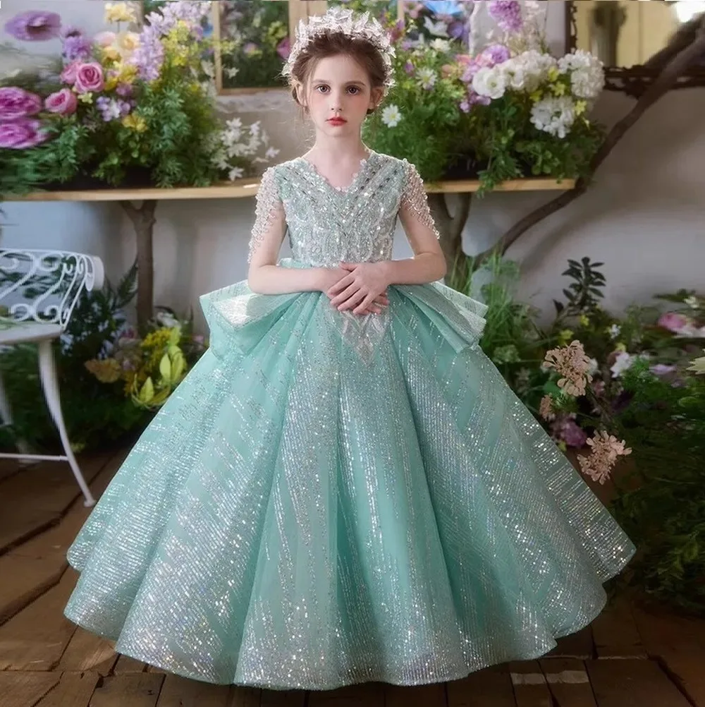 Mint Green Princess Special Occasion Flower Girl Dress Wedding Pary Prom Birthday First Communion Child Kid Pageant Gown