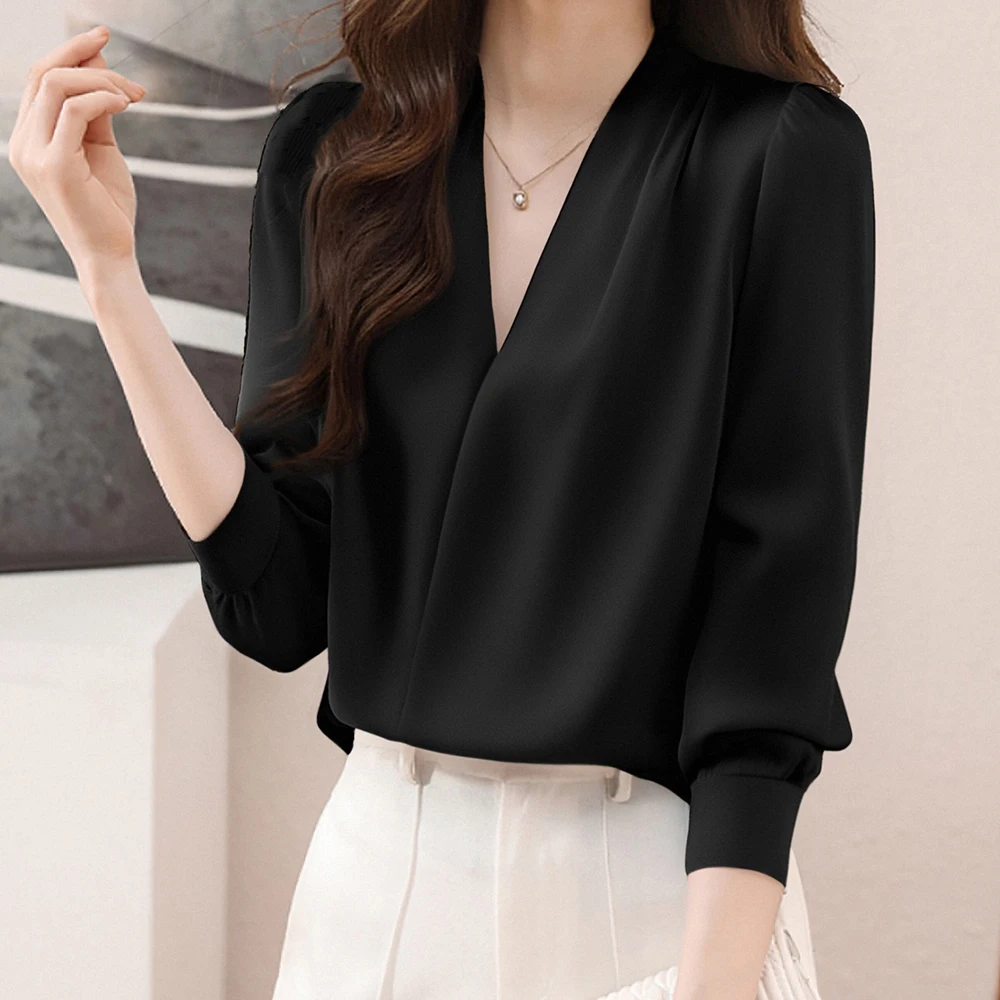 HELIAR Women Elegant Shirt V-neck Chiffon Blouse Loose Casual Long Sleeve Office Shirt Chic Female Party Pullovers Top Autumn