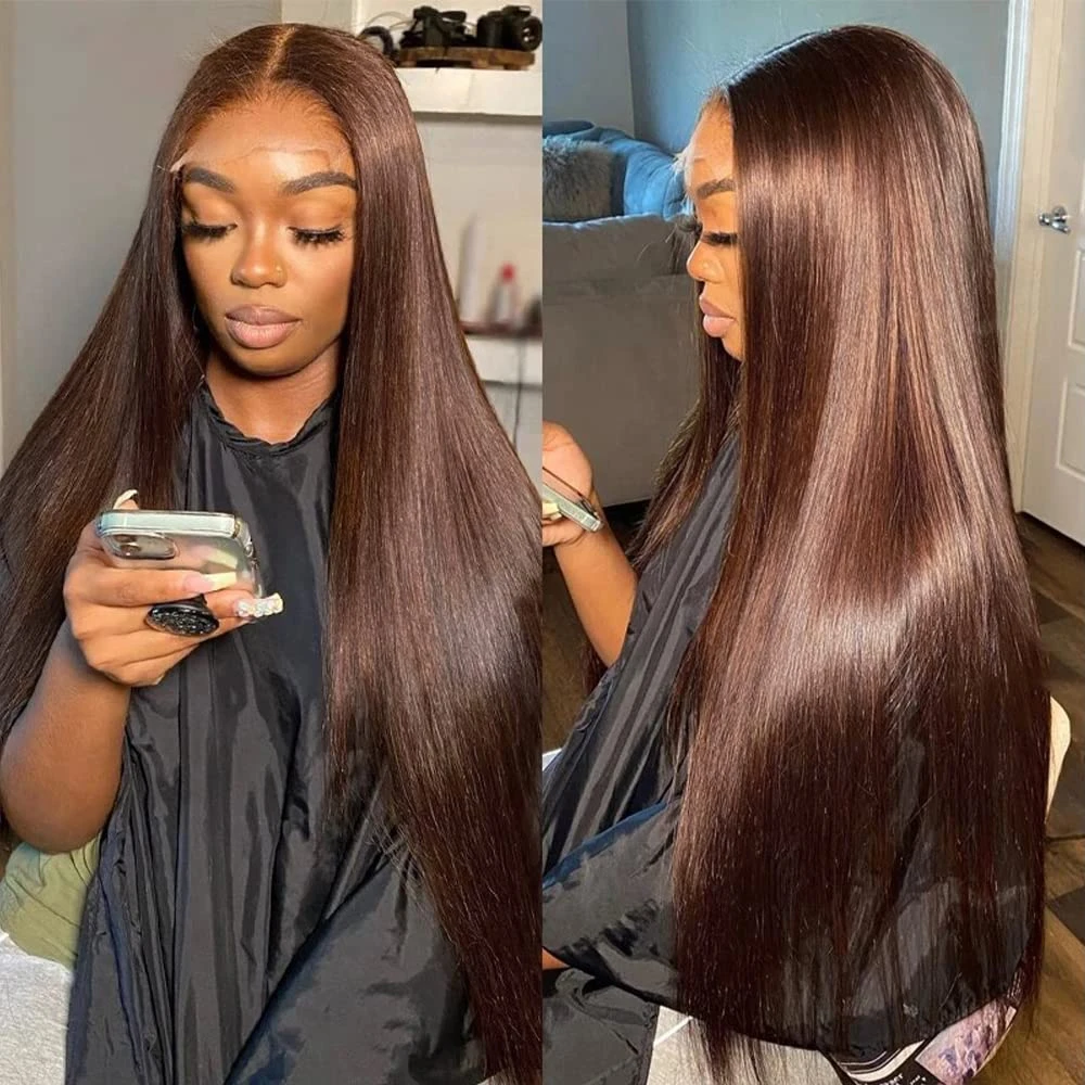 13x4 chocolate Brown Straight Lace Front Wigs Human Hair Pre Plucked Hairline 4# Brown Frontal Wigs For Women With Baby Hair
