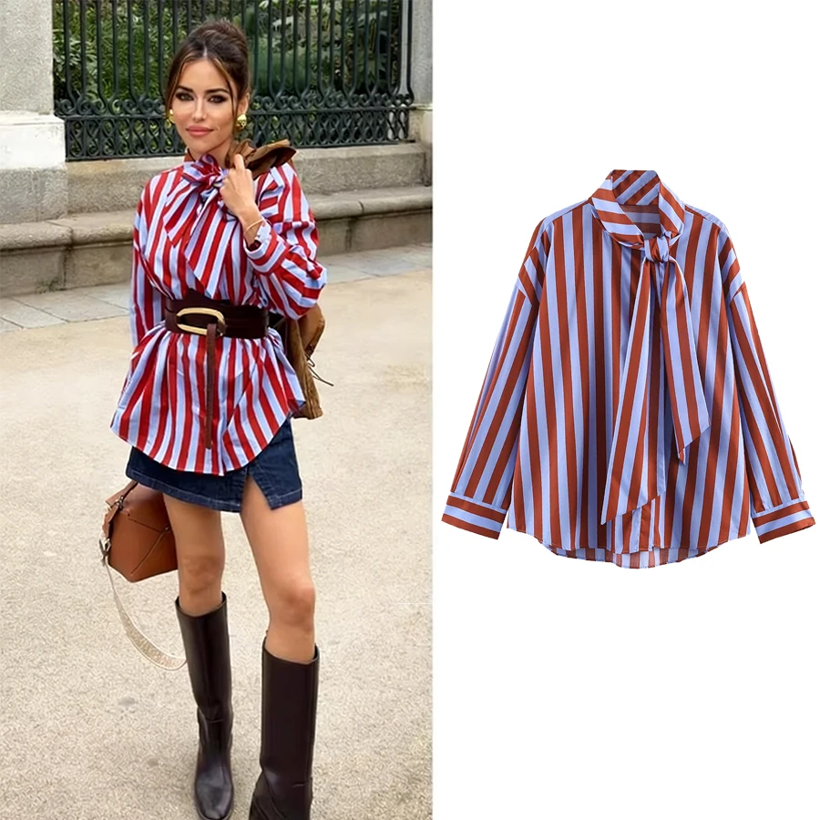 Women New Music Festival Chic Blouse Women's Loose Fit Striped Shirt Bow Single Breasted Simple Casual Female Top