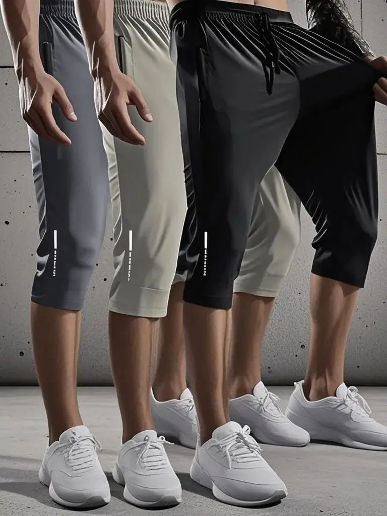 Set of 3 - Men'S Casual Outdoor Sports Capri Pants, Made from High-Elastic Knitted Fabric, Solid Color, Straight-Leg Design, Fea