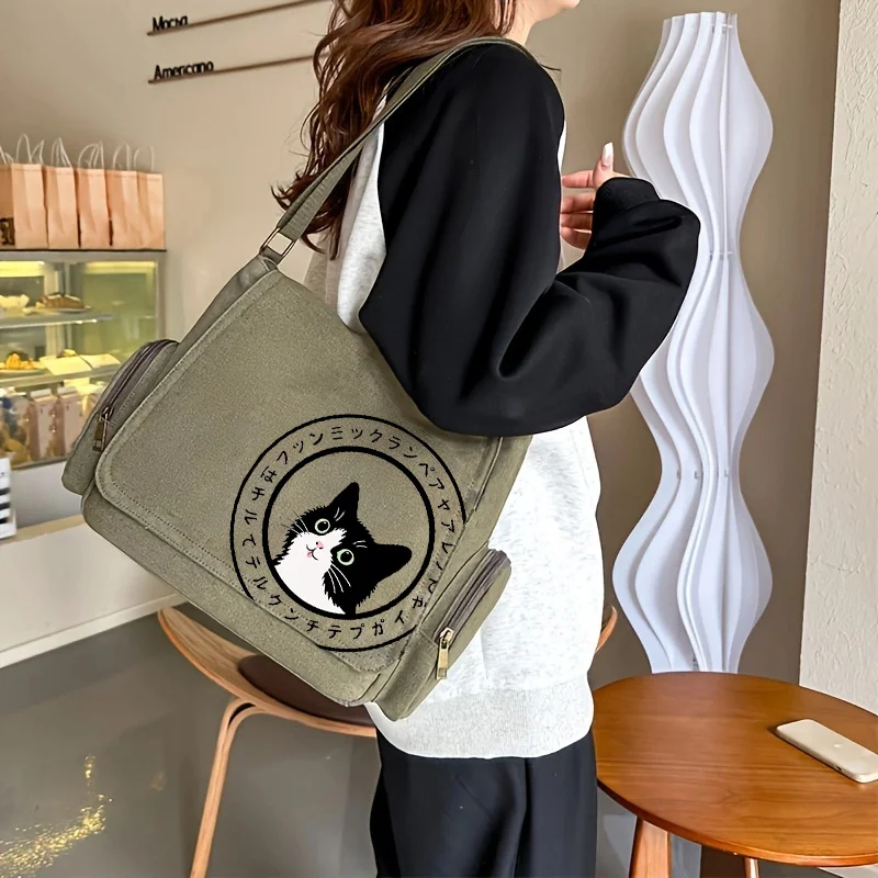 Multiple Pockets Women's Lovely Cat Print Shoulder Messenger Bag Retro Canvas Tote Crossbody Bag Unisex