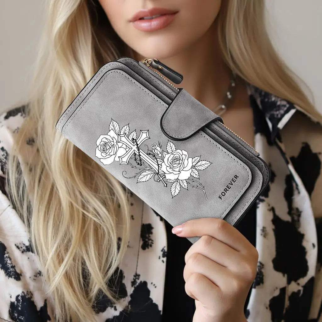 Fashion Women Print Rose Wallet Long Zipper Buckle Handbag Coin Purse Soft PU Leather Multi-Card Holder Large Bag Holiday Gift