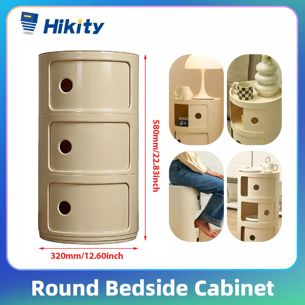 Hikity 3 Layer Round Bedside Cabinet Drawer-Type Home Organizer Small Side End Table Nightstand Storage Locker Modern Furniture
