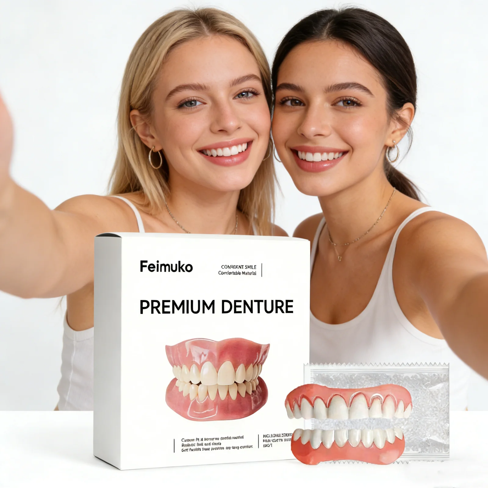 Premium Dentures Veneers Full Set Cover Gaps Broken Instant Smile Comfort Fit Reusable Soft Upper Lower False Teeth Beauty Set