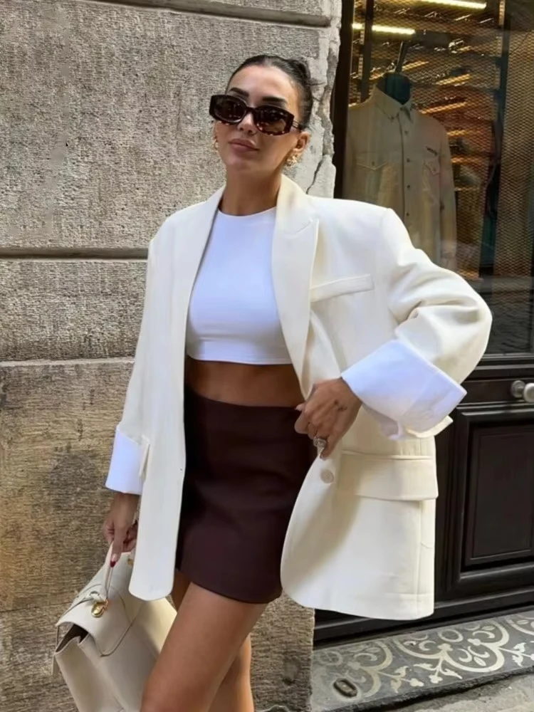 2025 Elegant Blazer Coat For Women Fashion Pockets Lapel Oversized Suit Jackets New Autumn Office Lady Casual Loose Outerwear