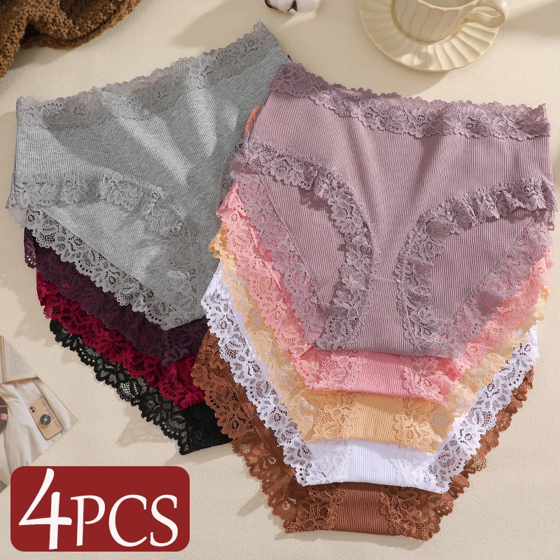 4Pcs Women's Seamless Cotton Underwear Plus Size High Waist Breathable Panties Soft Cozy Briefs Female Sexy Lace Floral Lingerie