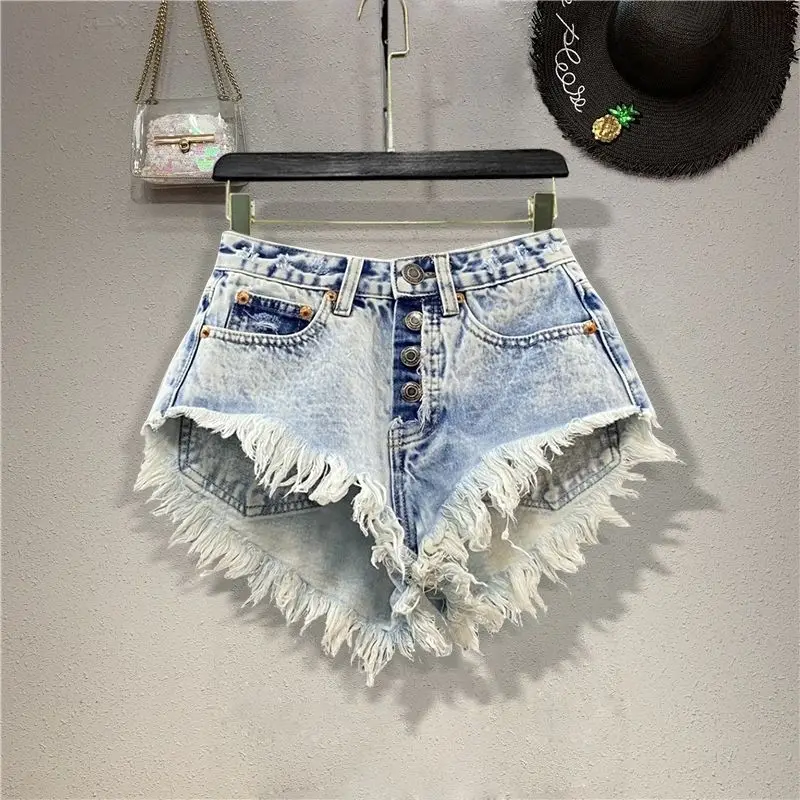 2026 Summer New Fashion Low Waist Denim Shorts Women Tassel Jeans Jeans Short Pants Washed Blue Short Bottoms Pants Female