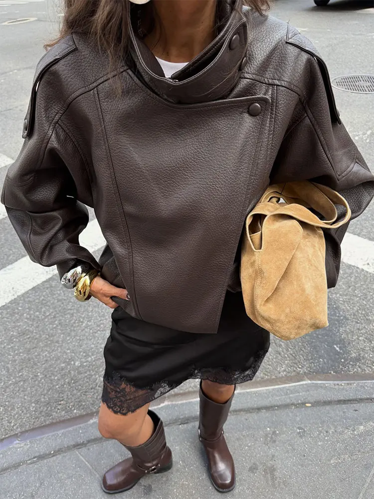 HH 2026 Women Trend Pu Leather Black Coats Stand Collar Long Sleeve Zipper Jacket Woman Fashion Vintage High Street Pu Jackets