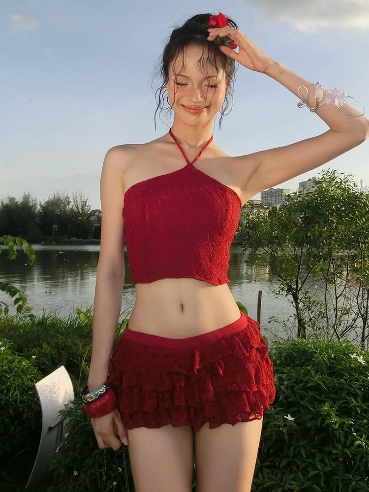 Nibber Chic 2 Piece Set Women Hottie Christmas Sexy Halter Sleeveless Tank Tops+Tierred Skirt Fashion Vacation Party Clubwear