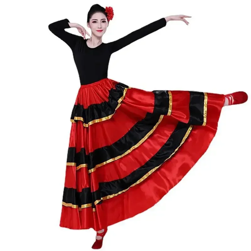 Adult Gypsy Skirt for Women Spanish Flamenco Skirt Striped Satin Big Swing Belly Dancing Skirts Team Performance Stage Dancing