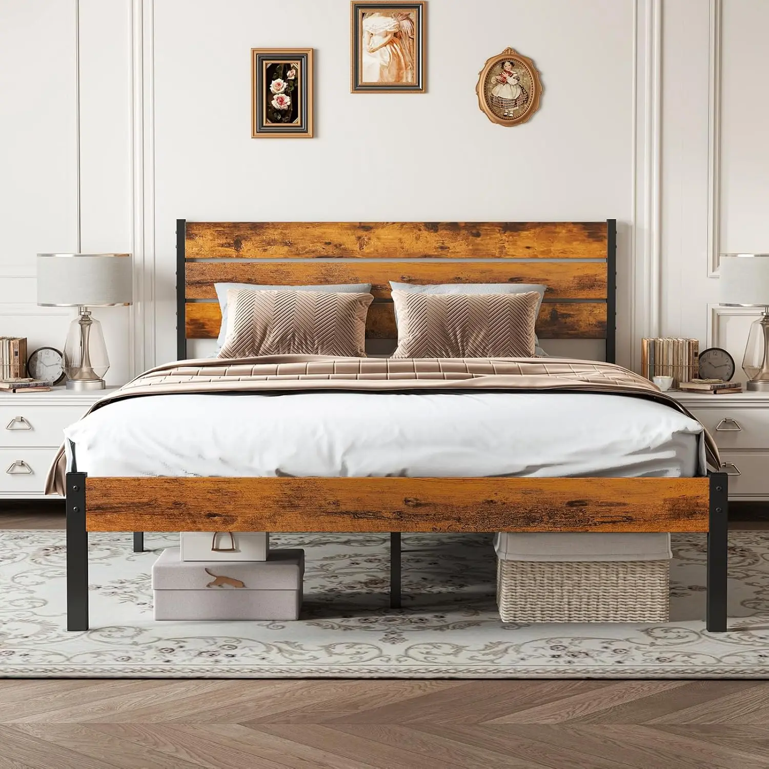 Queen Bed Frame with Headboard, 800LBS Support, Under Storage, Easy Assembly in Rust Brown