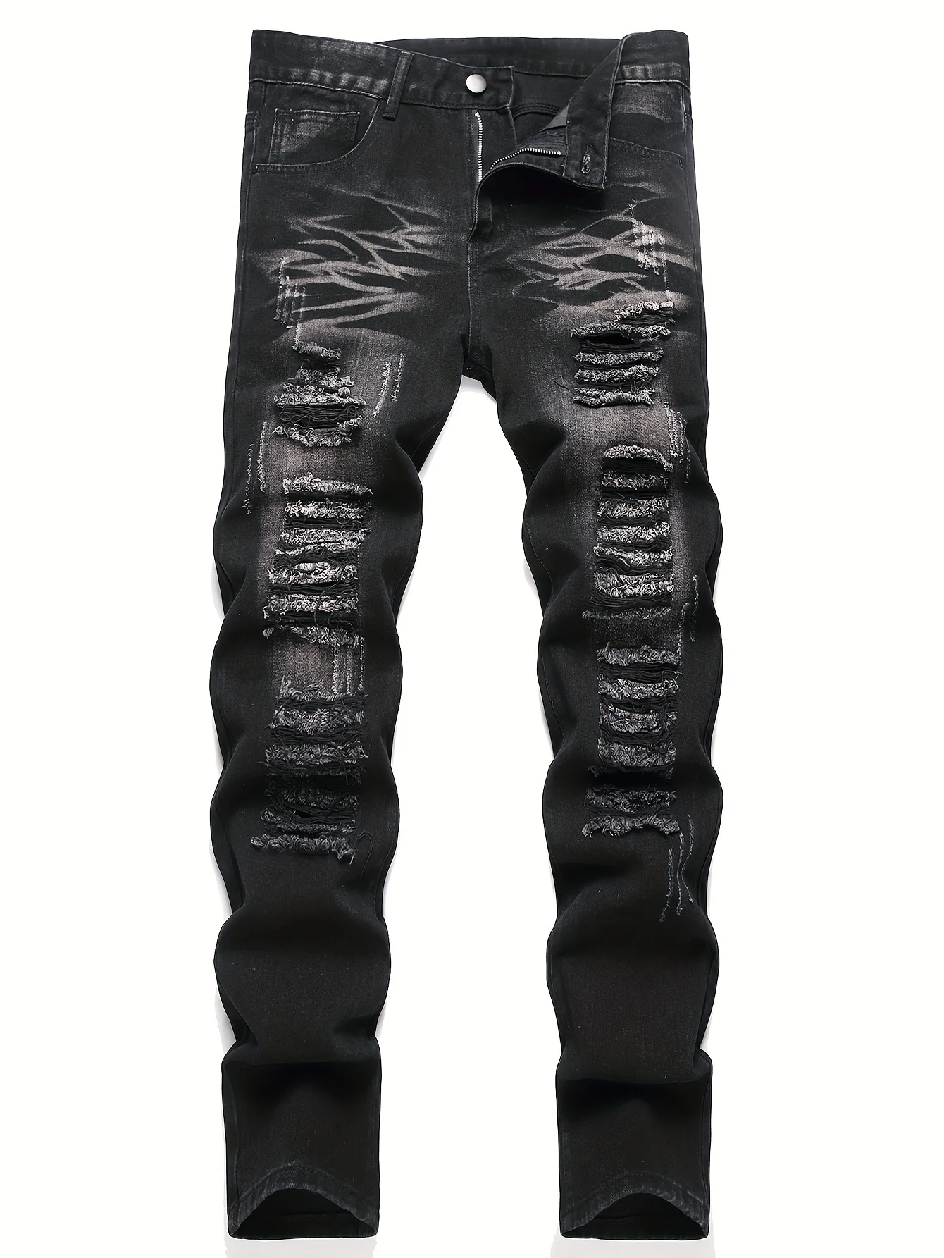 Men’s trendy streetwear: black ripped straight-leg jeans – an excellent gift for husbands or boyfriends.