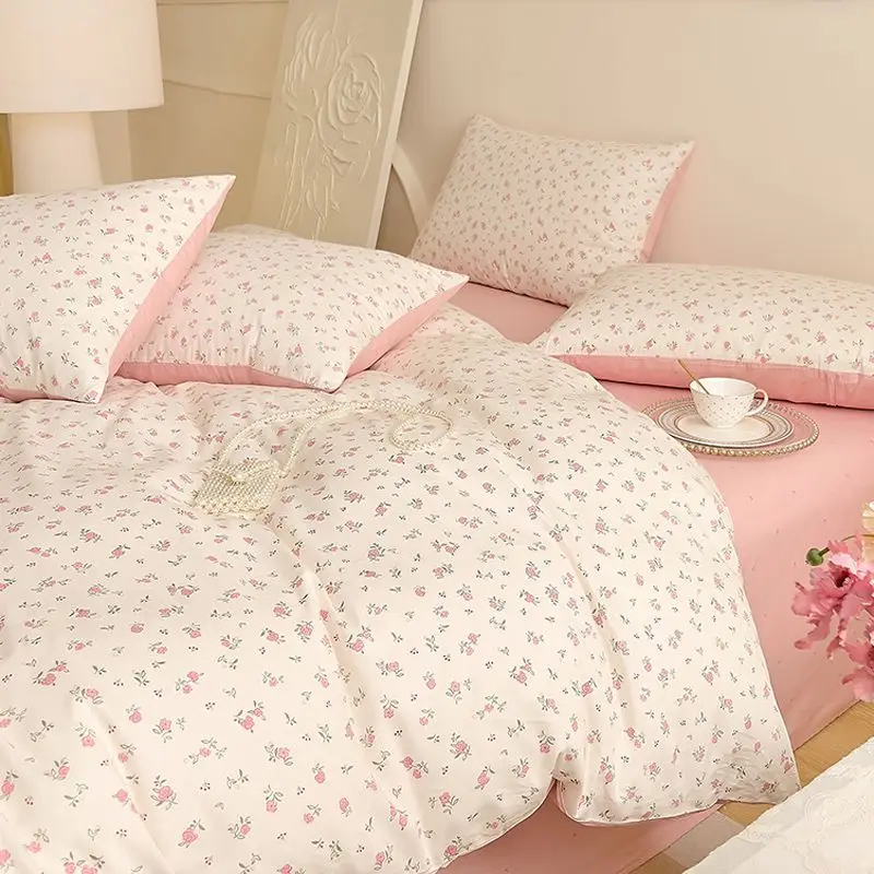 Ins Floral Bedding Set Girl Favorite Pink Single Double Queen Size Duvet Cover No Filler Flat Sheet Pillowcase Home Bed Linens