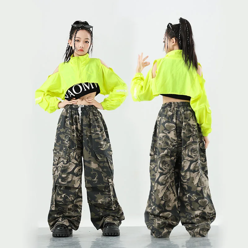 Kid Kpop Hip Hop Clothing Green Crop Jacket Top Rose Camo Casual Parachute Cargo Pants for Girls Street Dance Costumes Clothes
