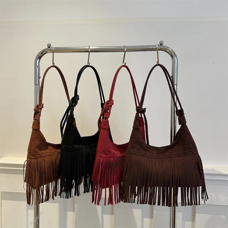 Vintage Tassel Crossbody Bags Casual Korean Style Tassel Shoulder Bag Solid Color Suede Handbag Underarm Packs Travel Fur Bags