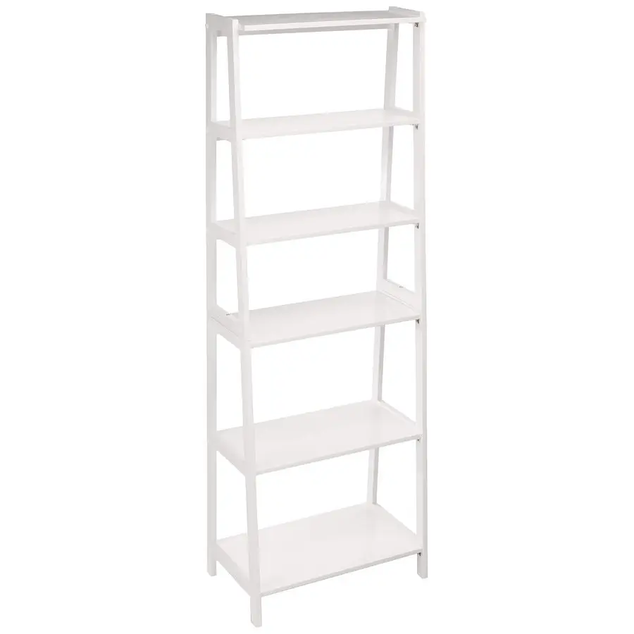 Basics 5 Shelf Sturdy Rubberwood Ladder Bookshelf for Book Storage, White, 15.03 D x 25.98 W x 74.48 H