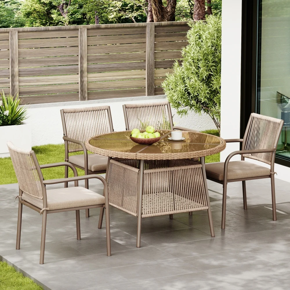 Modern Rattan Garden Furniture Set, Round Glass Table + 4 Armchairs, Iron Frame, Suitable for Terrace/Balcony/Deck