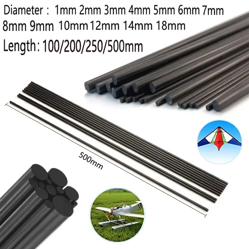 Solides Carbon Fiber Rod 1-18mm Dia 100/200/250/500mm Length, 1-10Pcs Industrial Grade Lightweight High Strength Precision Shaft