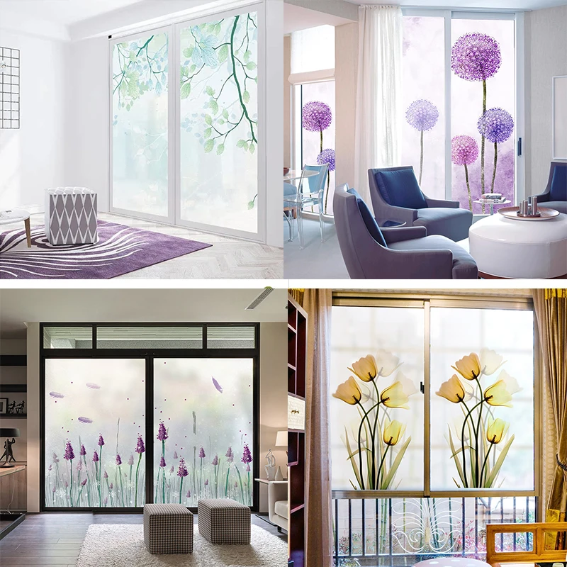 Custom Size Static Cling Privacy Window Film Dandelion Green Leaf Tulip Flower Style Home Glass Window Door Decor Customizable