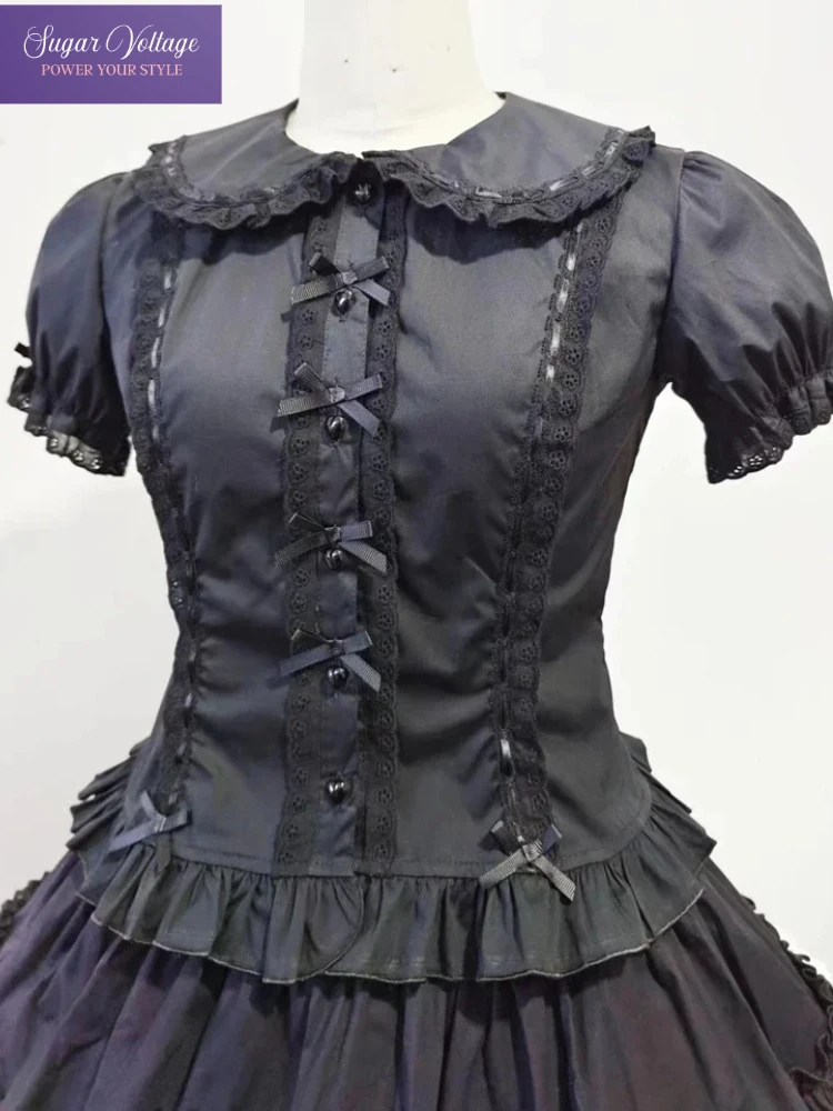 Summer Japanese Lolita Sweet Girls Short-sleeved Tops Women Goth Lace Bow Shirt Single-breasted Blouse Doll Collar Slim Tees New