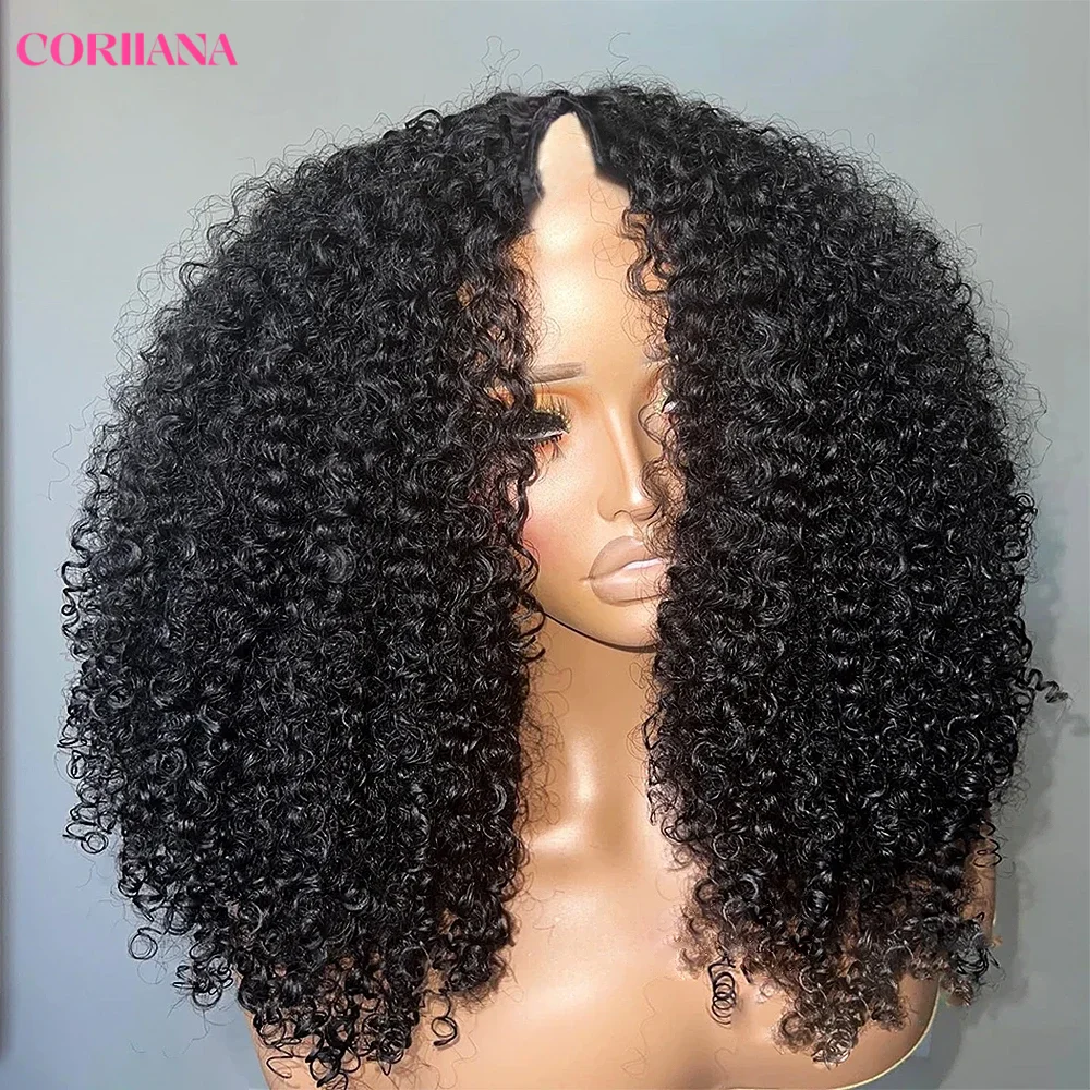 250% Kinky Curly V Part Wig Human Hair No Leave Out Upgrade Deep Wave Curly V Shape Wig No Glue Clip In Half Wig For Women