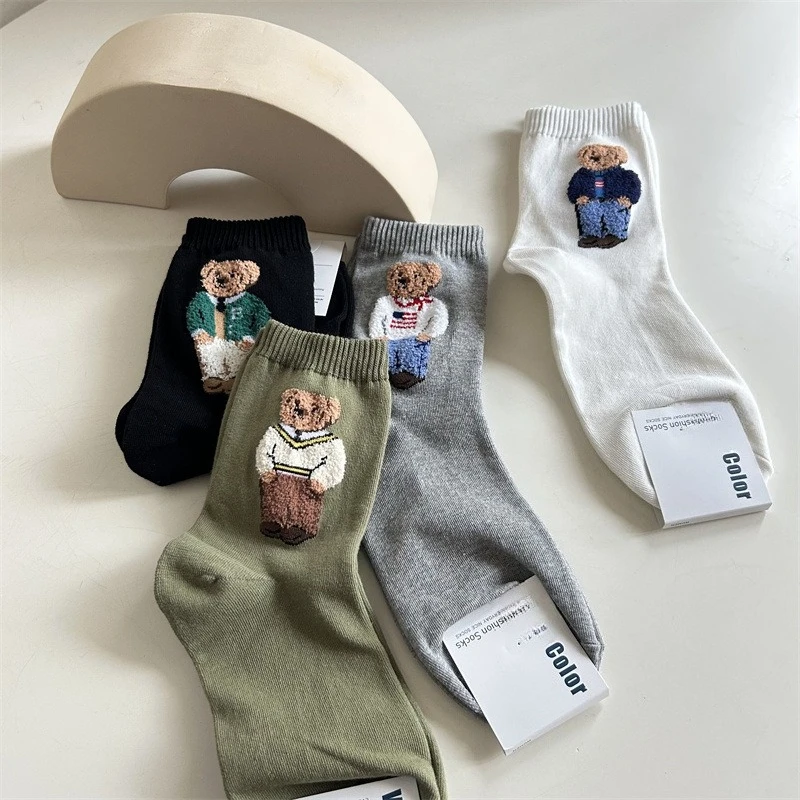New Trendy Cartoon Bear Mid-Calf Cotton Socks for Women Casual Sweater Adult Female Bear Socks Comfortable Breathable Home Wear