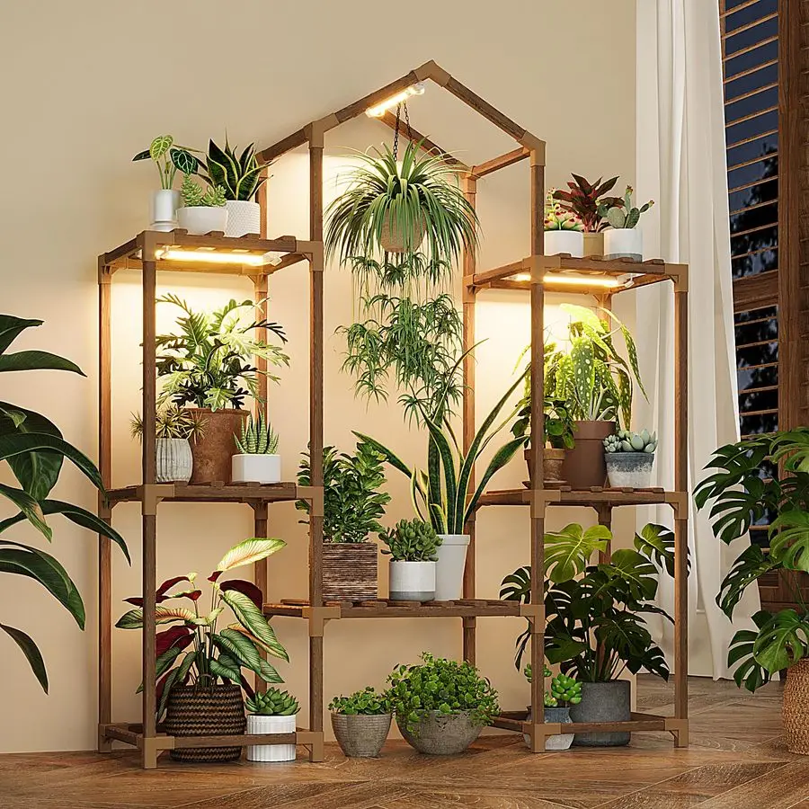 Plant Stand Indoor with Grow Lights Wood Plant Shelf for Hanging Planter Pots Display Flower Stand for Living Room Patio Garden