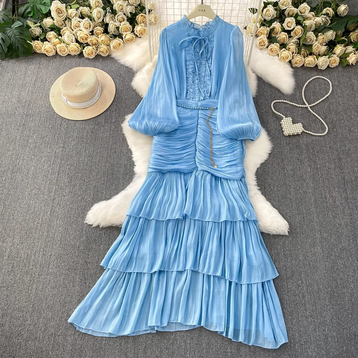 Elegant Autumn Ruffles Long Sleeve Maxi Mermaid Dress Women Hollow Out Casual Satin Fishtail Cake Dresses Prom Evening Vestidos