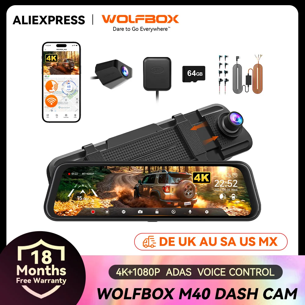 WOLFBOX M40 Dash Cam 4K+1080P With Voice Control ADAS Built in 5GHZ WI-FI and GPS Video Recorder Front and Rear Dash Camera
