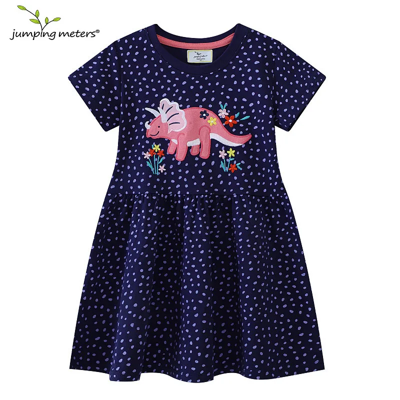 Jumping Meters Summer Dresses for Girls Dinosaurs Embroidery Short Sleeve Dots Princess Girls Dresses Kids Fashion Clothing