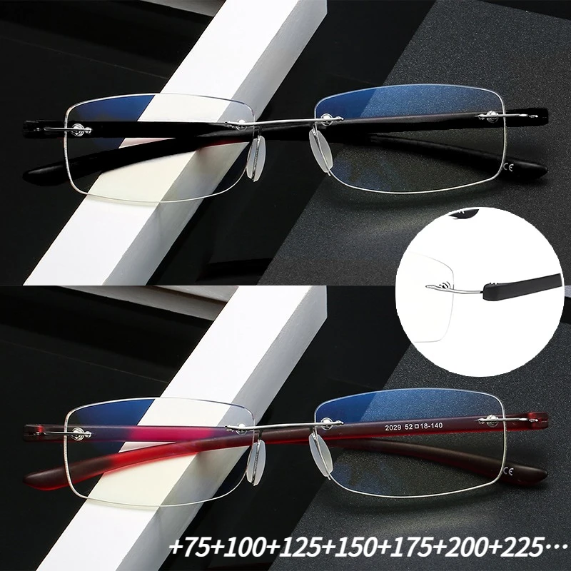 TR90 Frameless Reading Glasses Anti Blue Light Men Women Metal Anti-fatigue Presbyopic EyeGlasses +75+1.25+1.75 To +3.5
