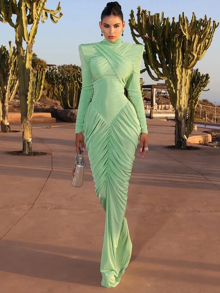 Weird Puss Autumn New Style Maxi Dress Women Turtleneck Full Sleeve Backless Skinny Stretch Prom Party Ruched Elegant Vestidos