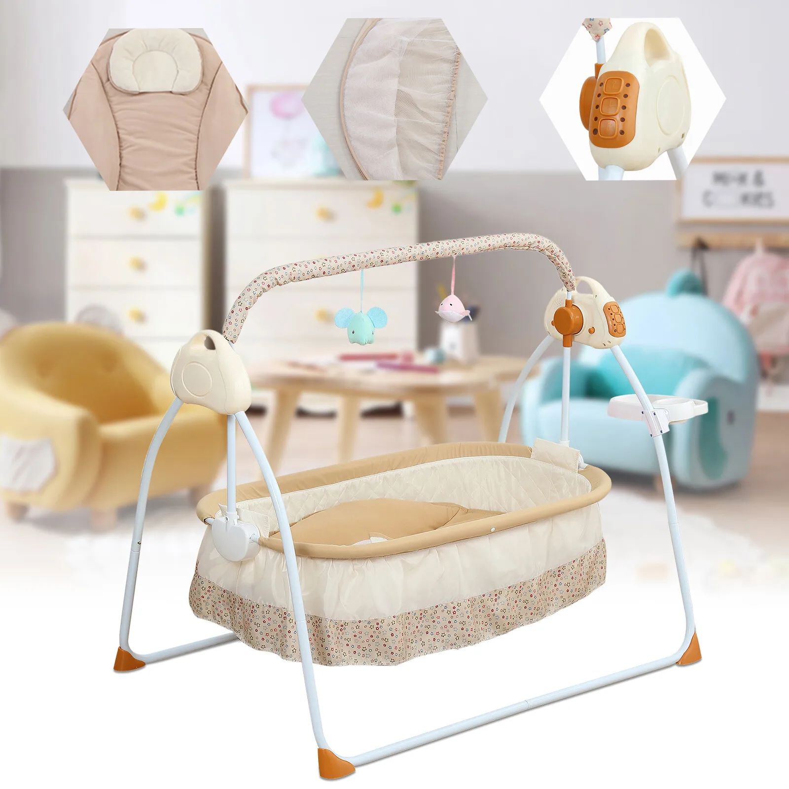 Baby Cradle Swing Electric 5 Gears 55LBS Load 0-18 Months Foldable Bluetooth Music Timing for Newborn ABS Steel Pipe