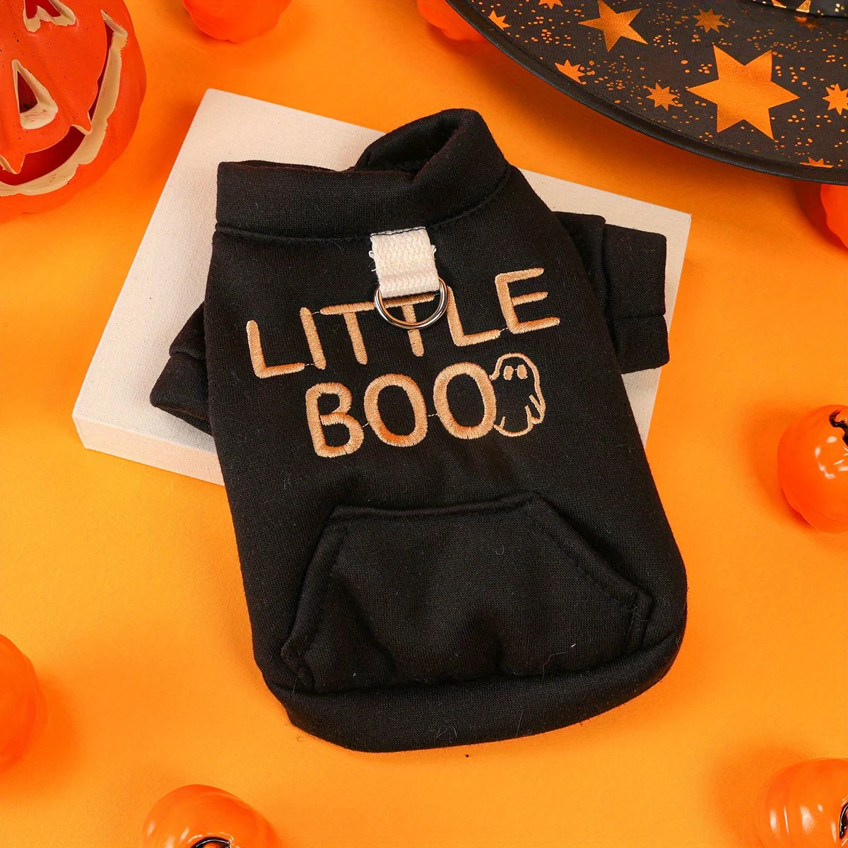 Black Cloth Halloween Sweater Pet Clothes Dog Cat Black Halloween Handsome Funny English Embroidery Traction Open Button Jacket