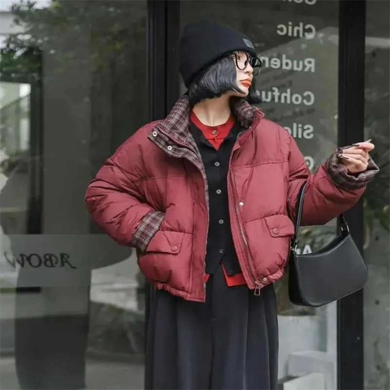 Winter Fashion Retro plaid stitching Parkas Jacket Women Loose Short Thicken Warm Down Cotton Padded Bread Coat Female Outwear
